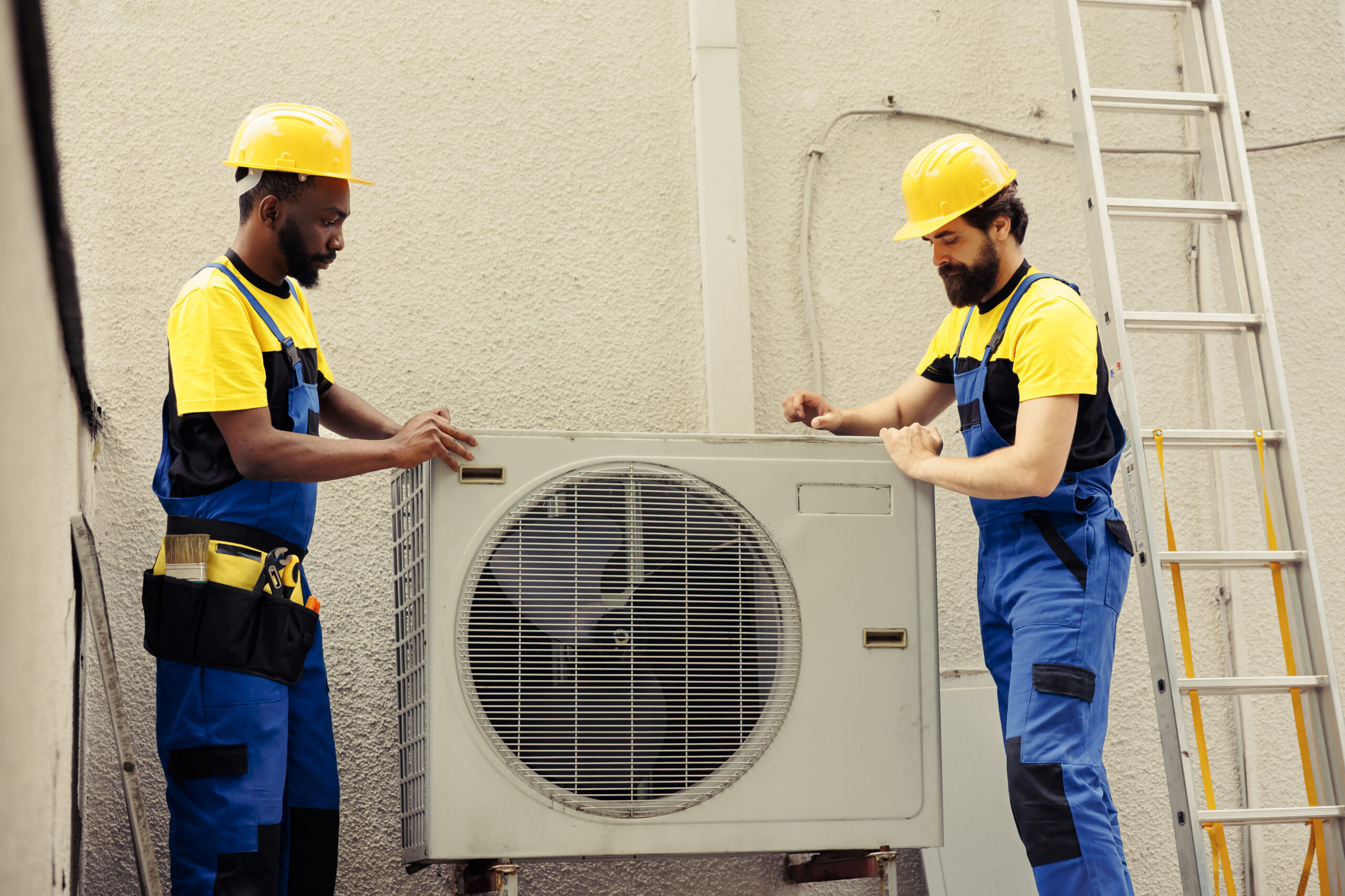 Teamworking certified technicians starting work on broken hvac system, taking apart condenser coil panel. Expert wiremen disassembling air conditioner to check for bad wiring